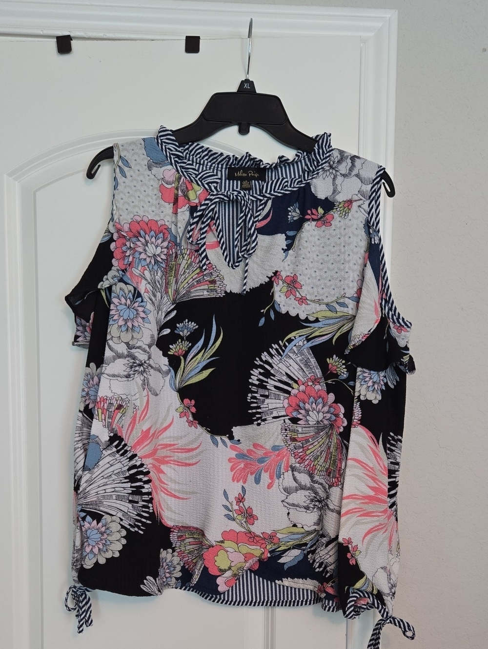 Multi Pattern Cold-Shoulder Tie-Neck Camisole with Ruffle Accents